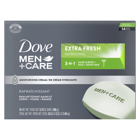 Dove Men+Care 3-in-1 Cleanser Bar for Body, Face & Shaving – Extra Fresh, 14 Bars, Mandarin Citrus, Patchouli & Rosemary, 3.75 oz