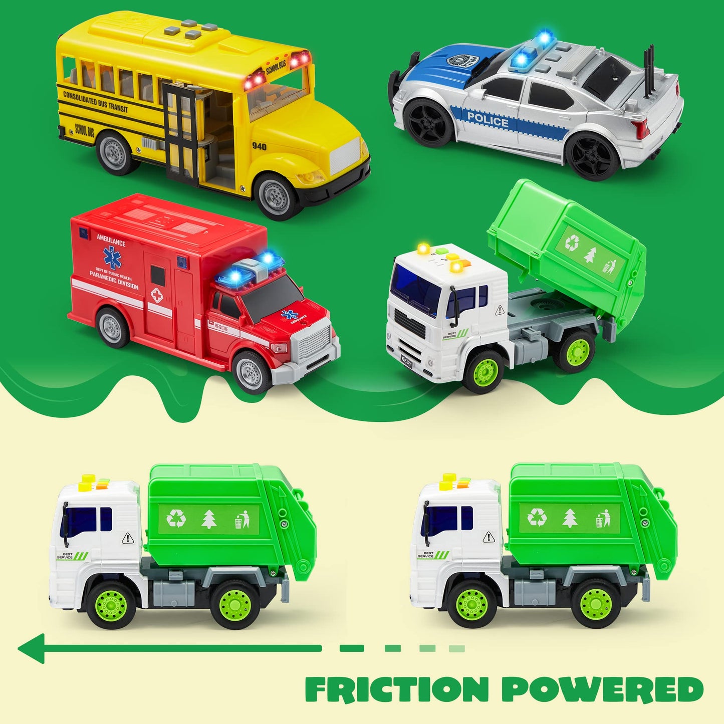 JOYIN 4-Pc 7" Vehicle Toy Set for Toddlers with Lights & Siren – Police Car, School Bus, Garbage Truck, Ambulance – Birthday Gift for Boys 3-5