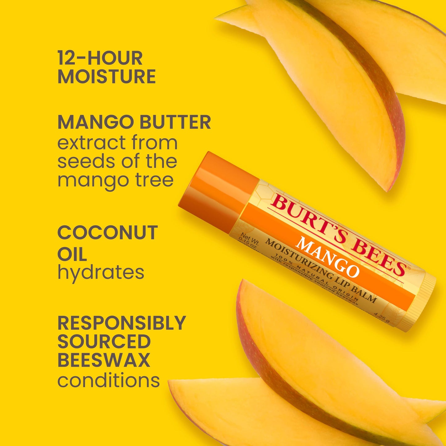 Burt's Bees Lip Balm 4-Pack – Pink Grapefruit, Mango, Coconut & Pear, Pomegranate – Natural, Tint-Free Moisturizer, 0.15 oz Each