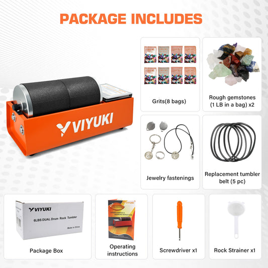 VIYUKI 6LB Double Drum Rock Tumbler Kit for Adults – Polisher with Rough Gemstones, 8 Grits, Jewelry Making & STEM Learning Guide