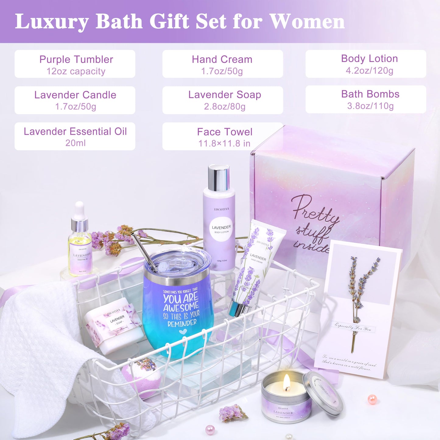 Spa Gift Basket for Women – Lavender Bath & Body Set, Relaxing Self-Care Gifts for Mom, Birthday, Mother’s Day, Friends & Coworkers