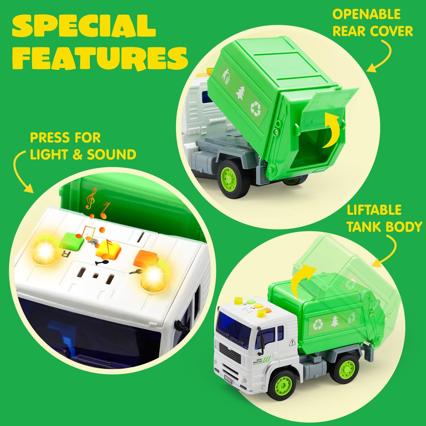 JOYIN 4-Pc 7" Vehicle Toy Set for Toddlers with Lights & Siren – Police Car, School Bus, Garbage Truck, Ambulance – Birthday Gift for Boys 3-5