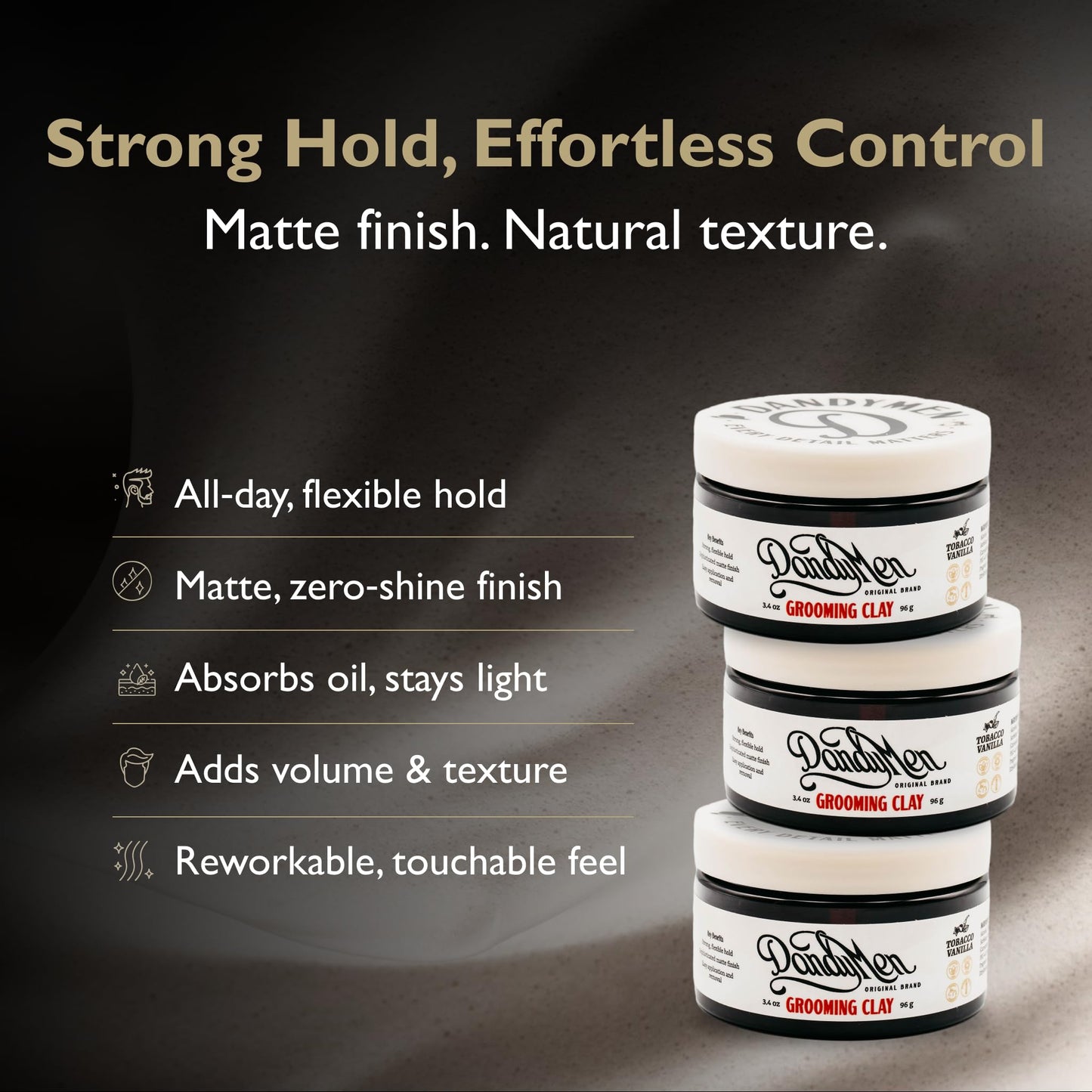 DandyMen Grooming Clay – Strong Hold, Natural Matte Finish, and Flexible Styling with Kaolin Clay & Beeswax – Tobacco Vanilla Scent – 3.4 oz (1-pack)