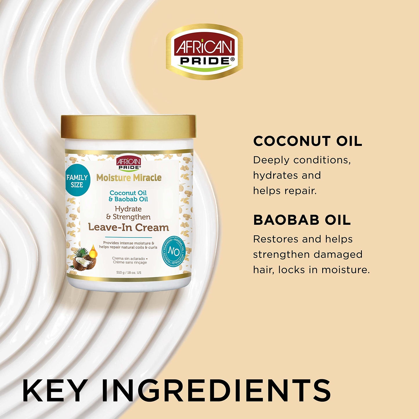 African Pride Moisture Miracle Leave-In Cream with Coconut & Baobab Oil – Deep Moisture, Hydration & Repair for Natural Coils & Curls, 18 oz