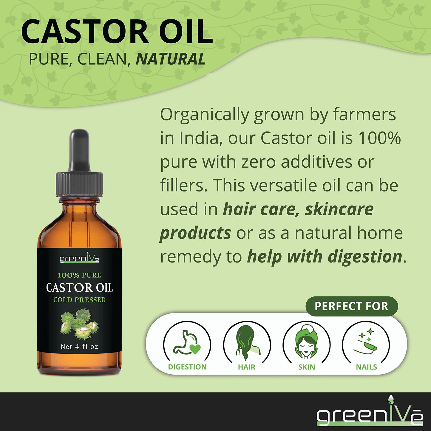 GreenIVe Castor Oil 100% Pure 4 fl oz Bottle Cold Pressed, Hexane Free, Eyelash and Eyebrow Growth Serum, Skin Moisturizer Detox and Wraps