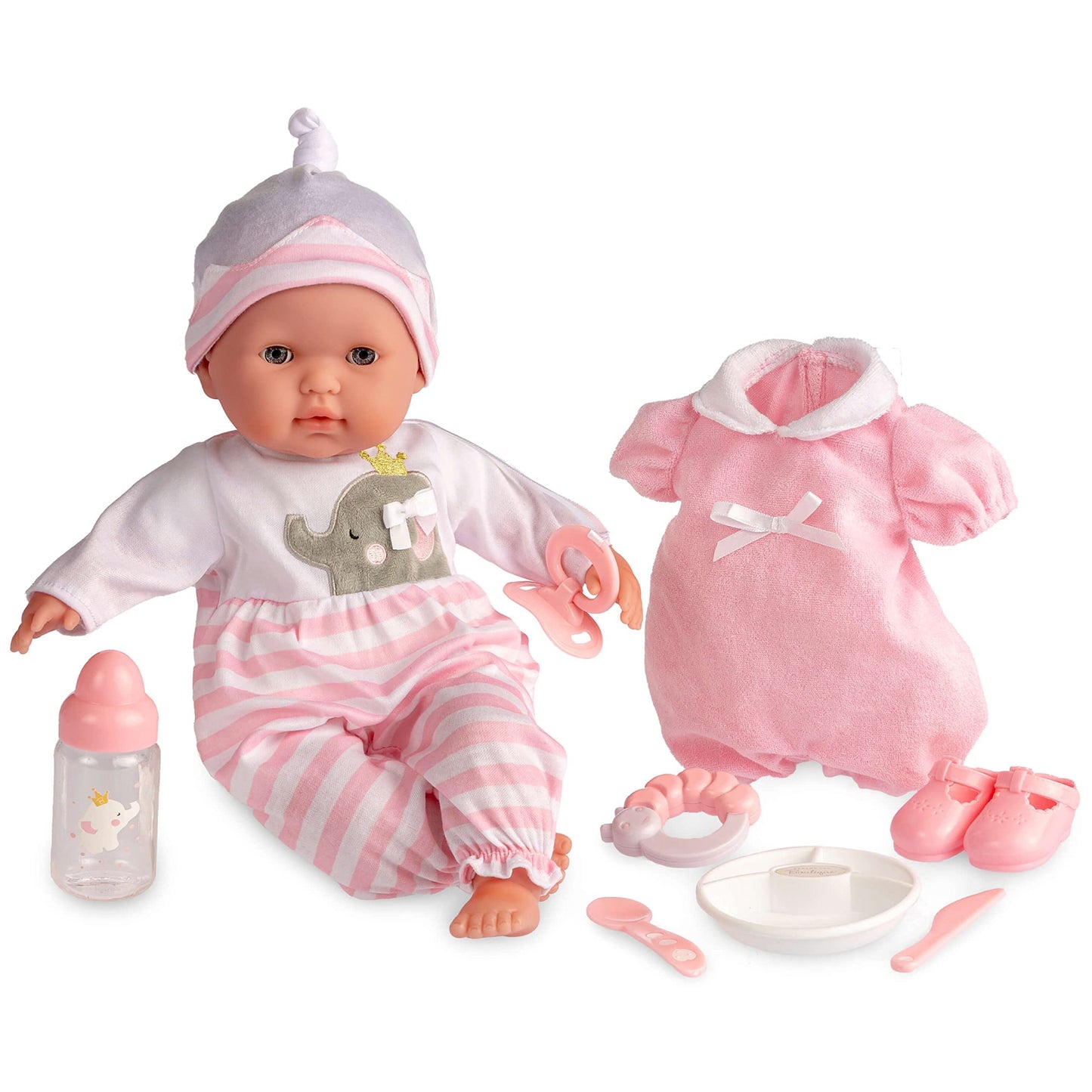15" Realistic Baby Doll with Open/Close Eyes - JC Toys Berenguer Boutique, 10-Piece Gift Set with Bottle, Rattle & Pacifier, Pink, Ages 2+