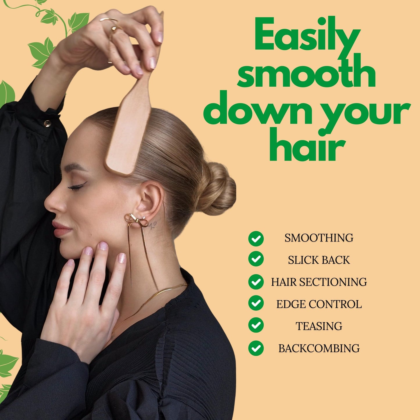 GranNaturals Boar Bristle Slick Back Brush for Sleek Ponytails & Buns – Smooths Flyaways, Baby Hairs & Edges, with Rat Tail for Parting