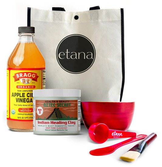 Aztec Secret Premium Clay Mask Kit by Etana Beauty – 1lb Indian Healing Clay, 16oz ACV, Bamboo Bowl, Brush, Scoop & Tote