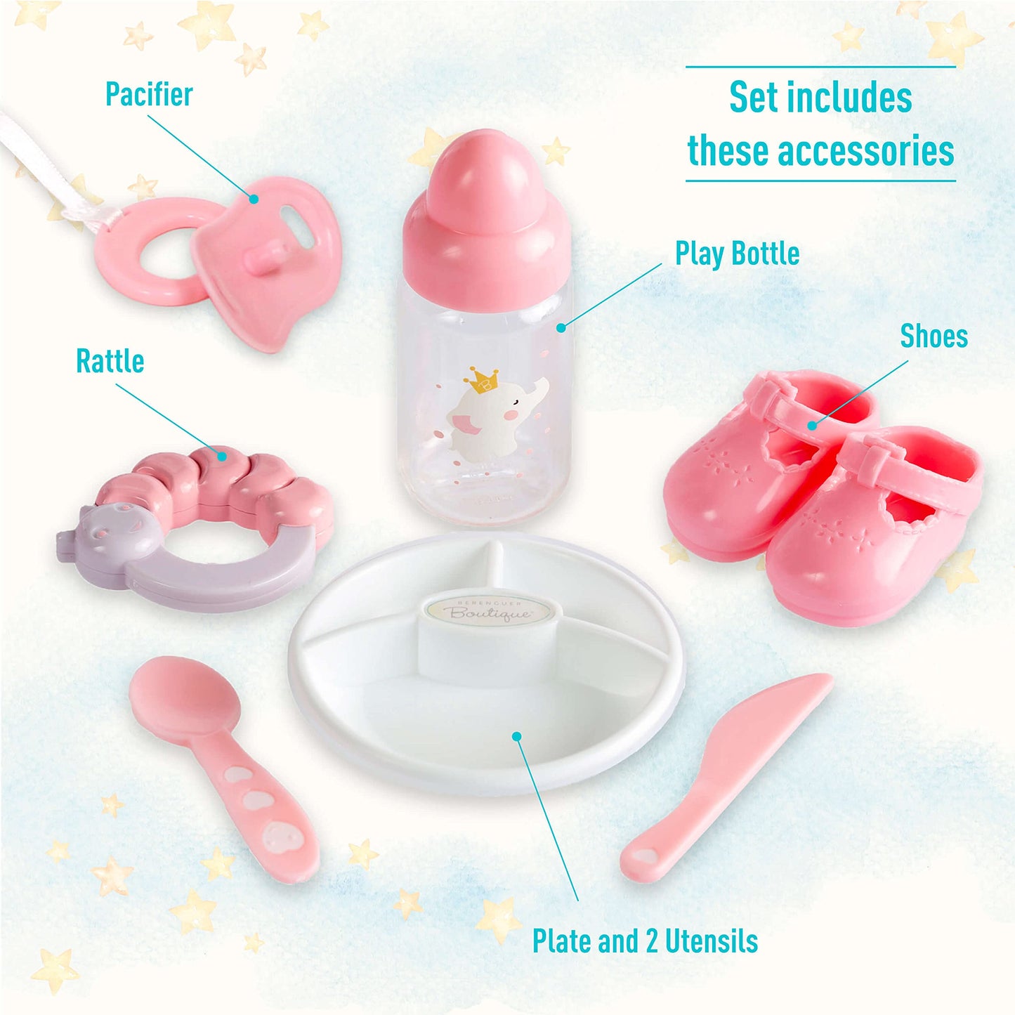 15" Realistic Baby Doll with Open/Close Eyes - JC Toys Berenguer Boutique, 10-Piece Gift Set with Bottle, Rattle & Pacifier, Pink, Ages 2+