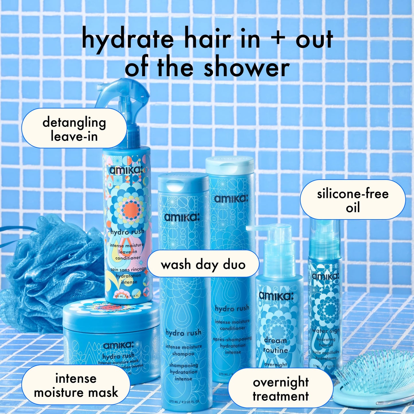 amika Hydro Rush Intense Moisture Leave-In Conditioner with Hyaluronic Acid | for all hair types, long-lasting hydration, detangles and reduces frizz, 200ml