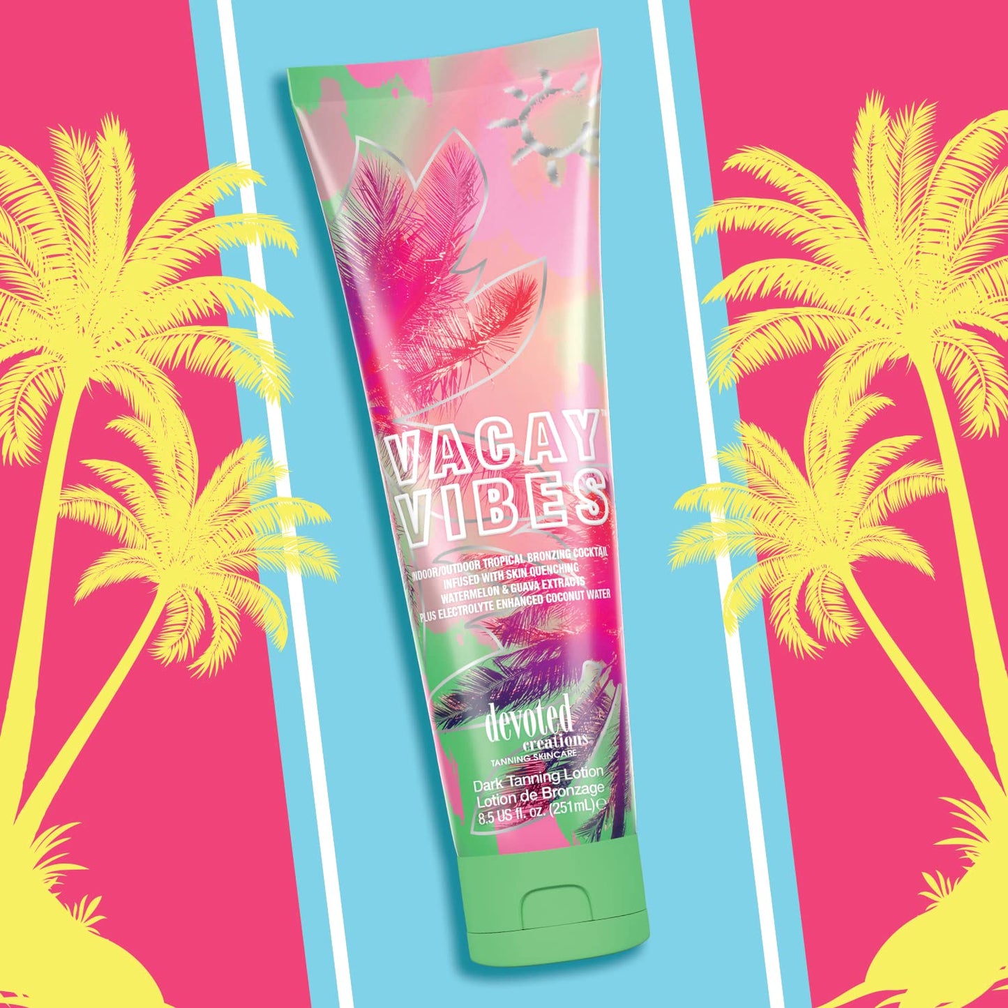 Devoted Creations Vacay Vibes Tanning Lotion 8.5 oz – Indoor/Outdoor Tropical Bronzer with Watermelon, Guava & Coconut Water for Hydrated Glow