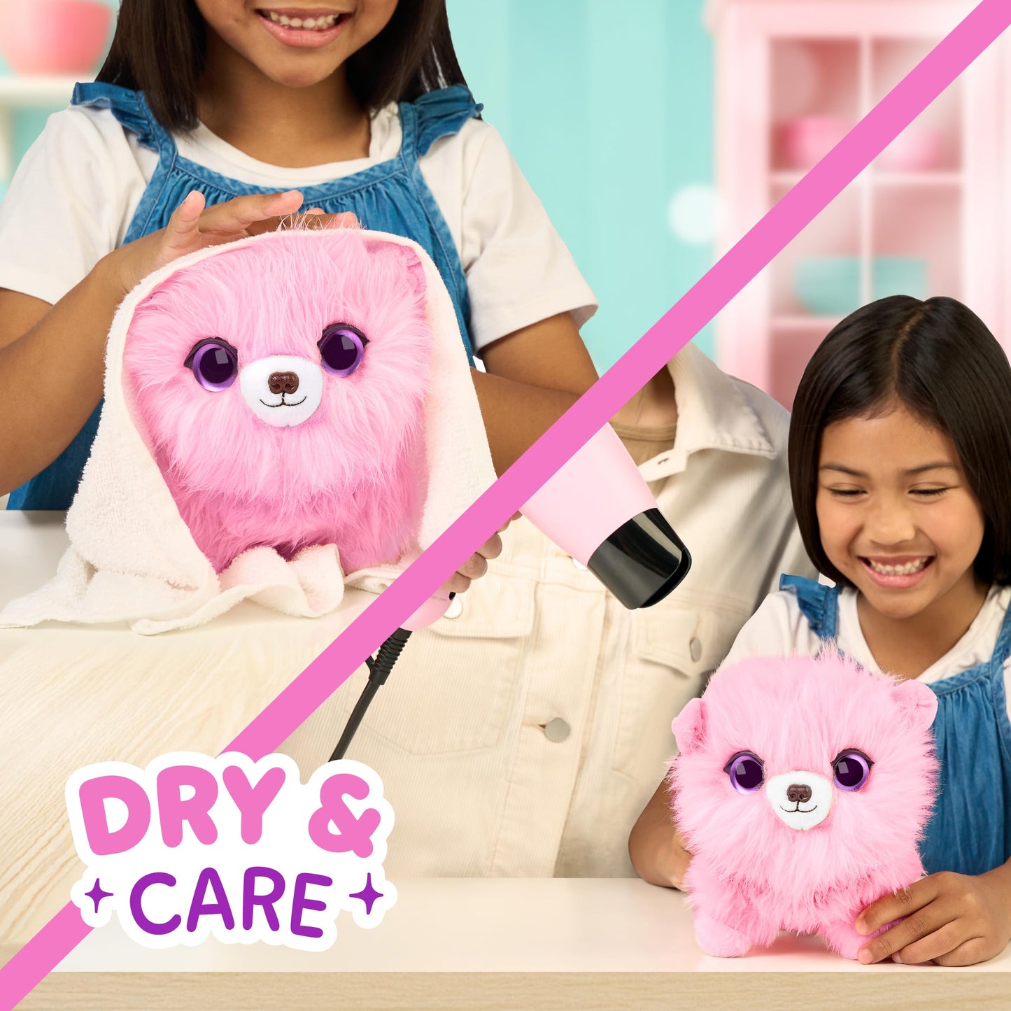 SCRUFFALUVS Pet Scruffs Pink Plush Toy – Wash & Reveal Puppy, Bunny, or Kitty with Deluxe Pet Carrier (Styles Vary)