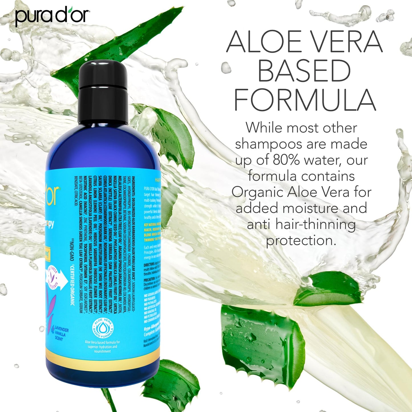 PURA D'OR Hair Thinning Therapy Biotin Shampoo Lavender Vanilla – Clinically Tested Thickening Formula for Men & Women, Color Safe, 16 Oz