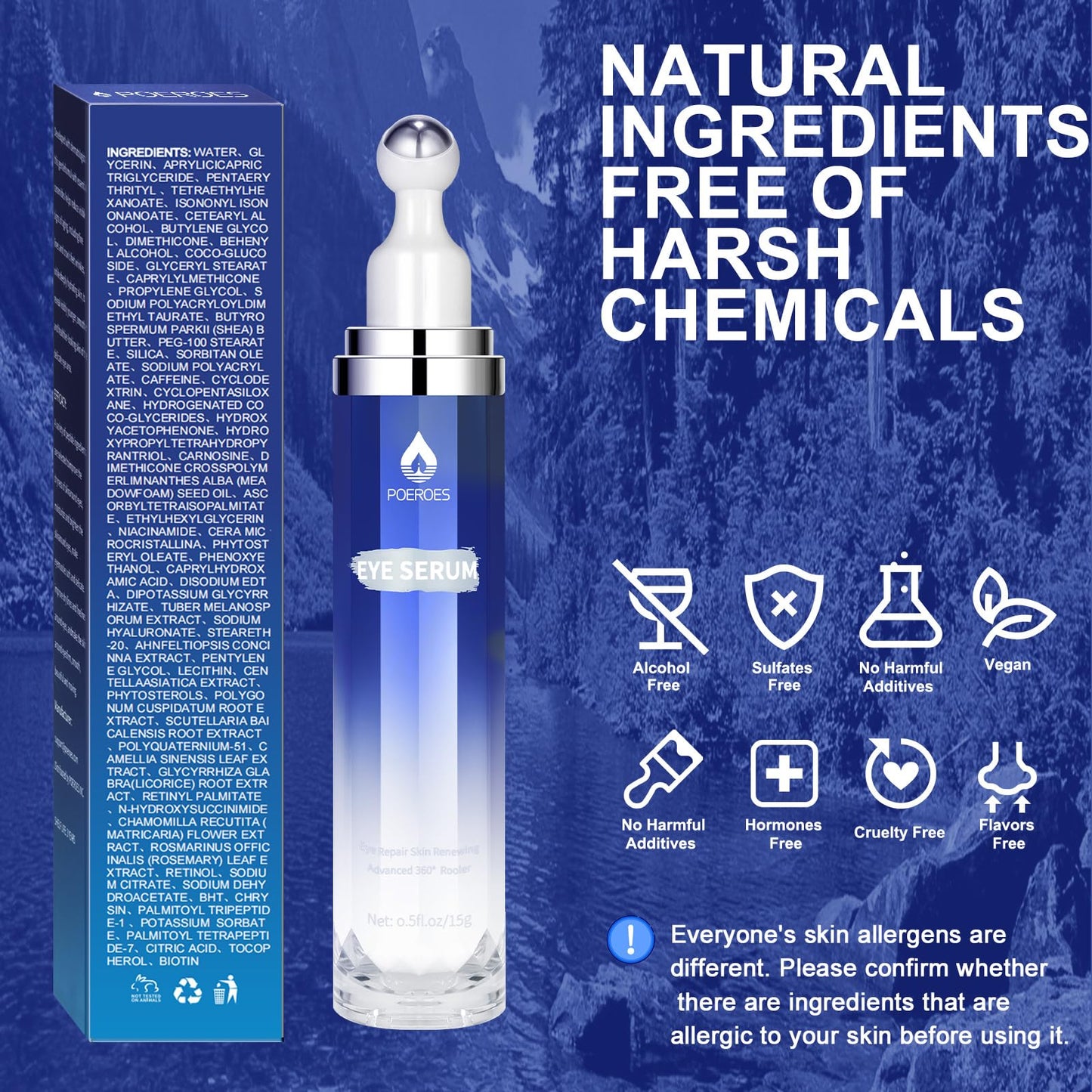 Eye Serum with 8% Caffeine & Retinol, Hyaluronic Acid, Niacinamide & Peptides for Dark Circles, Puffiness, Fine Lines, 360° Roller, 0.5 oz