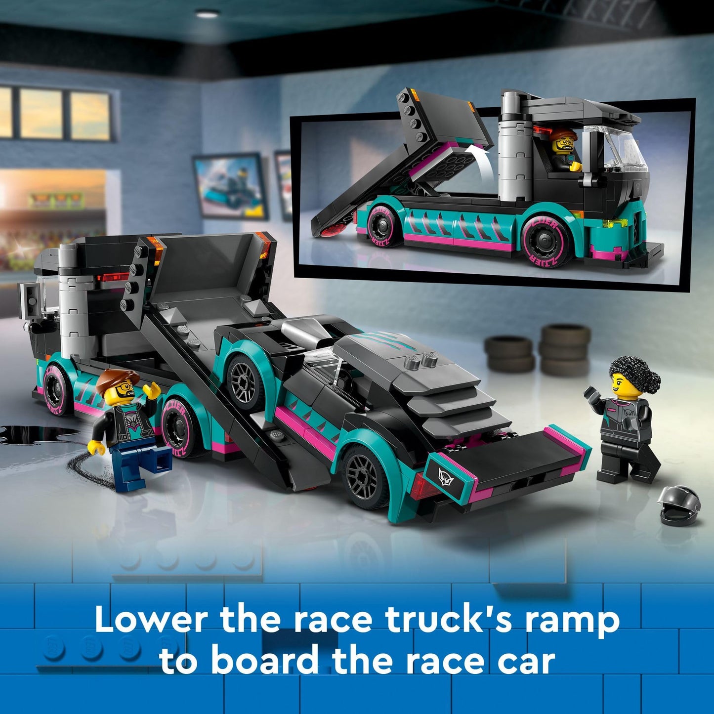 LEGO City Race Car & Carrier Truck Playset 60406 – Vehicle Transporter with Adjustable Ramp, Race Car, Minifigures, Fun Gift for Kids 6+