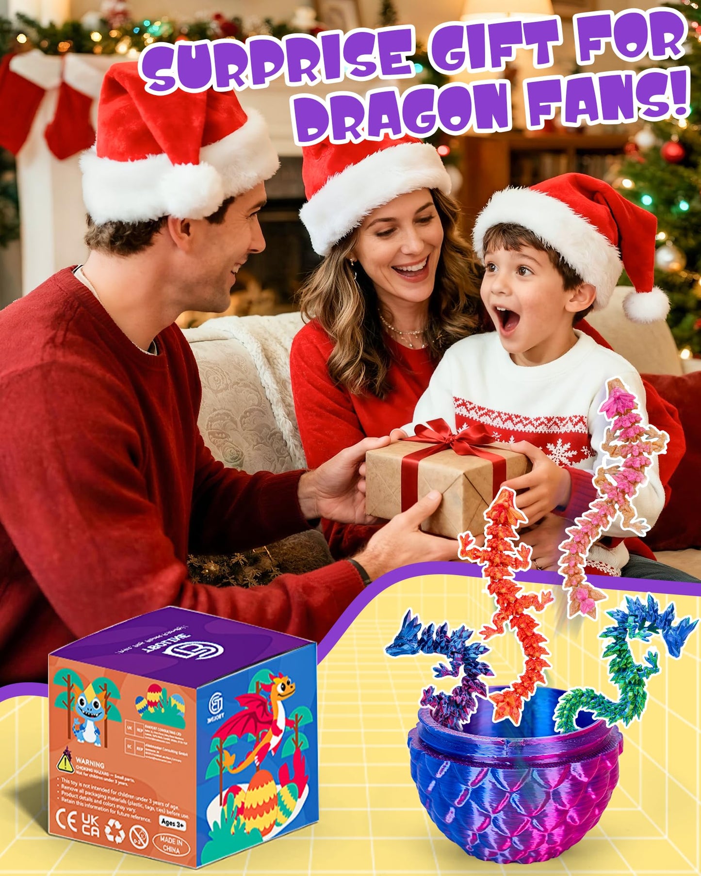 TBOLINE 4PCS 3D Printed Dragon & Dinosaur Eggs, Articulated Crystal Animal Fidget Toys for Kids, Easter Gifts for Boys & Girls