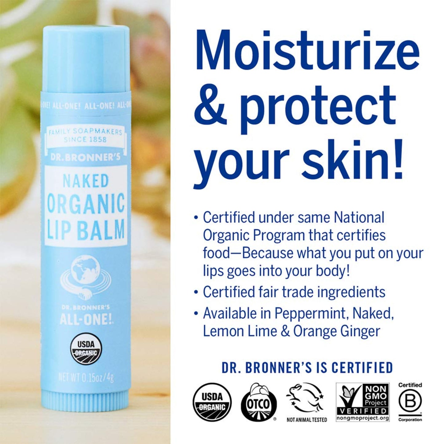 Dr. Bronner’s Organic Lip Balm 6-Pack – Unscented, Natural, Moisturizing, Petroleum-Free with Beeswax & Avocado Oil for Dry Lips