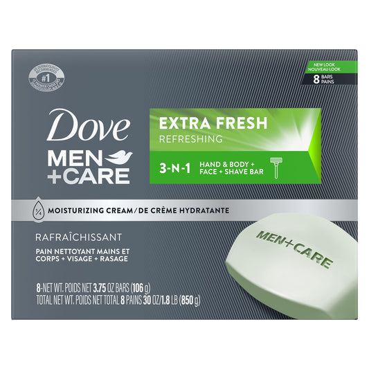 DOVE MEN+CARE 3-in-1 Bar Cleanser for Body, Face & Shaving, Extra Fresh, Moisturizing Soap Alternative, 3.75oz, Pack of 8