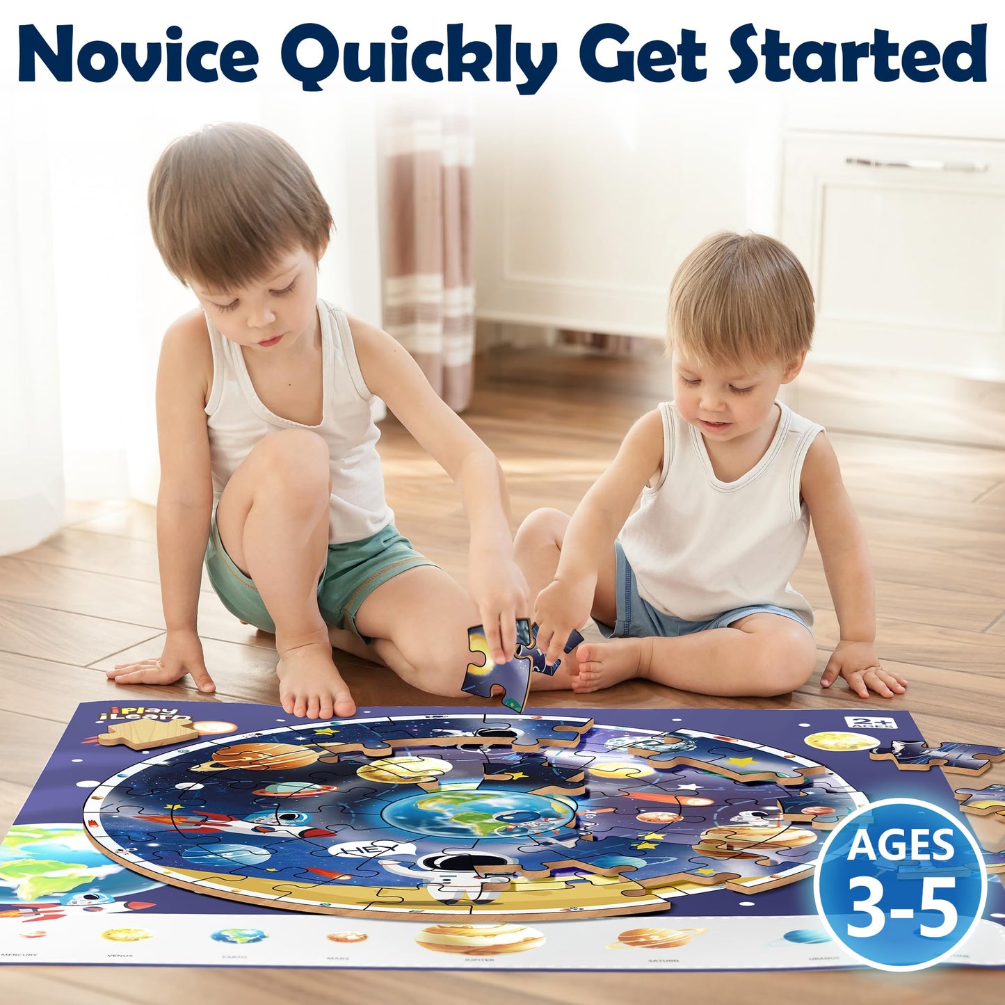 iPlay, iLearn Floor Puzzles for Kids Ages 3-6, Jigsaw Puzzle for kids Ages 4-8, Toddler Large Wooden Learning Toy, Educational Round Planets, Solar System Birthday Gift for 5-7 Year Old Boy Girl Child