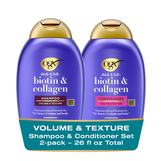 OGX Thick & Full Biotin & Collagen Shampoo & Conditioner Set, Volumizing & Sulfate-Free for Fine or Thinning Hair, Vitamin B7, 13 fl oz, 2 Pack