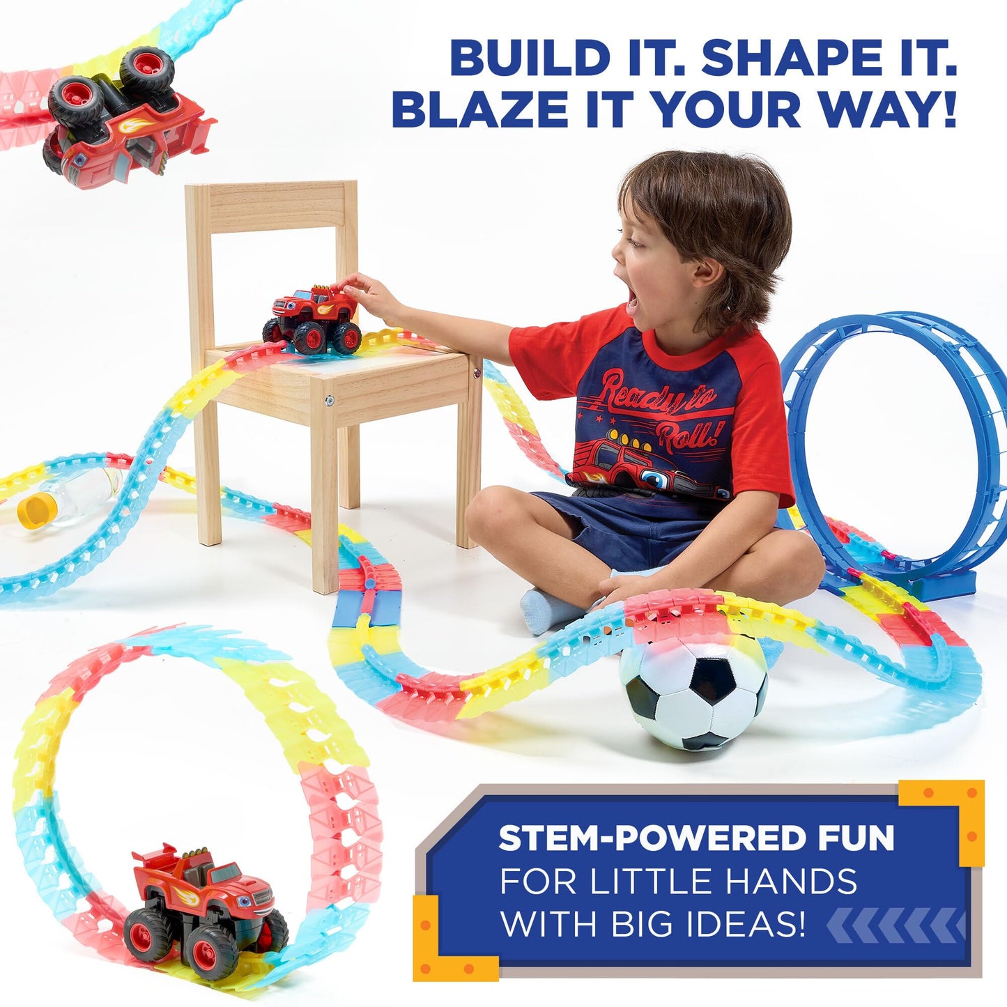 Blaze and The Monster Machines Race Track Set - 117-Piece STEM Glow Track Playset by JitteryGit, Nickelodeon Toy for Kids Ages 3-8, Red