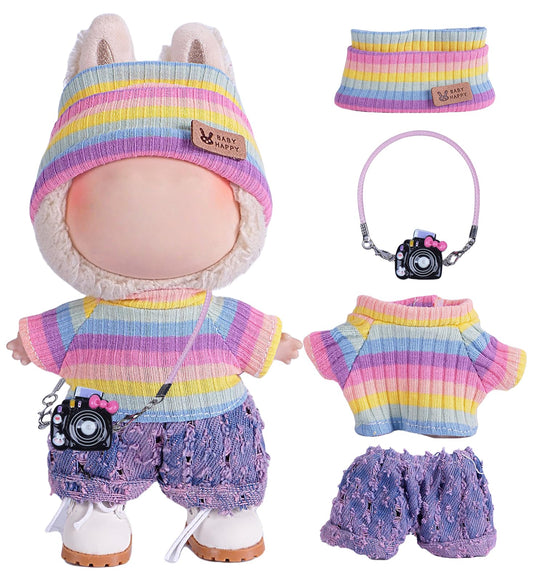 4pcs Handcrafted Labubu Doll Clothes Set (No Doll) – Cute Crocheted Hat, Sweater, Skirt & Bag, Rainbow Outfits, 15-17cm, AK052