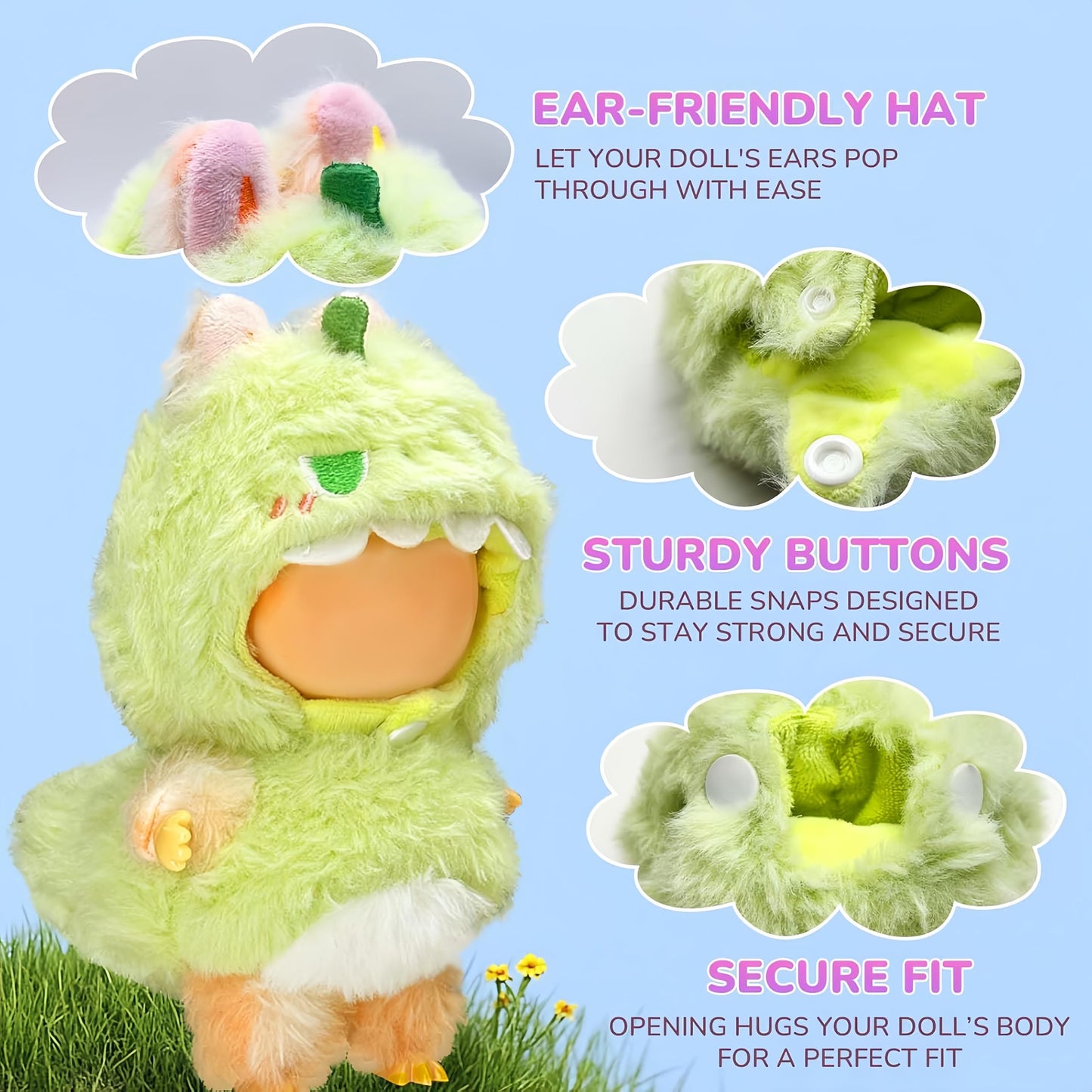 Jrelecs Dinosaur Doll Outfit for 17cm/6.7" Labubu Dolls – 2-Piece Hat & Clothing Set, Cute Stylish Clothes Accessories (Doll Not Included)