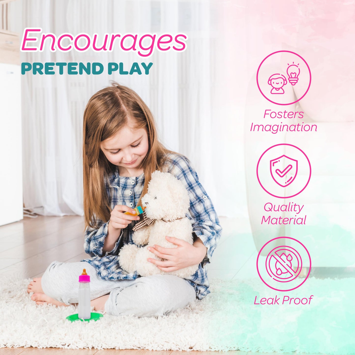 4E's 2-Pack Baby Doll Bottles with Magic Disappearing Milk & Juice – Doll Accessories Toy for Toddlers & Kids, Gift for Ages 3-7