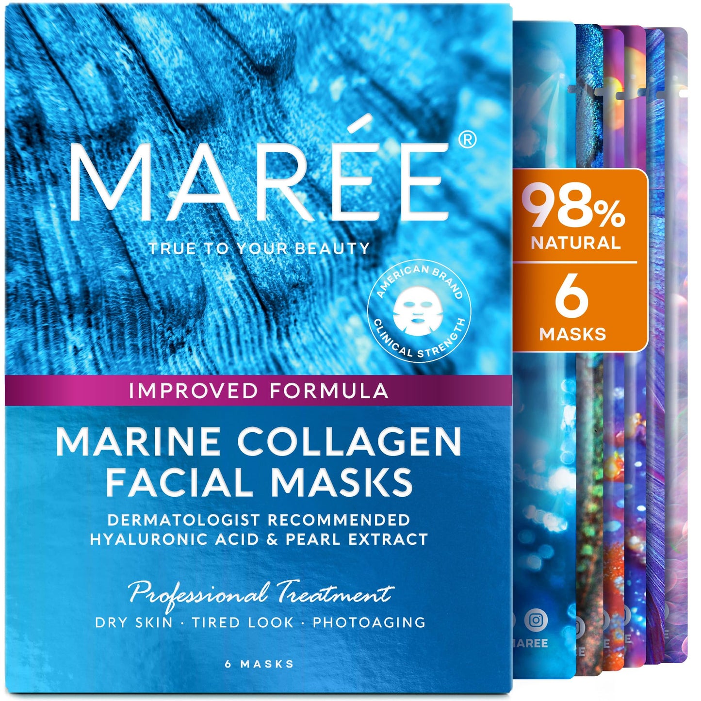 MAREE Collagen Hydrating Sheet Face Mask with Hyaluronic Acid, Centella & Algae Extract – 6 Pack Skincare for Women