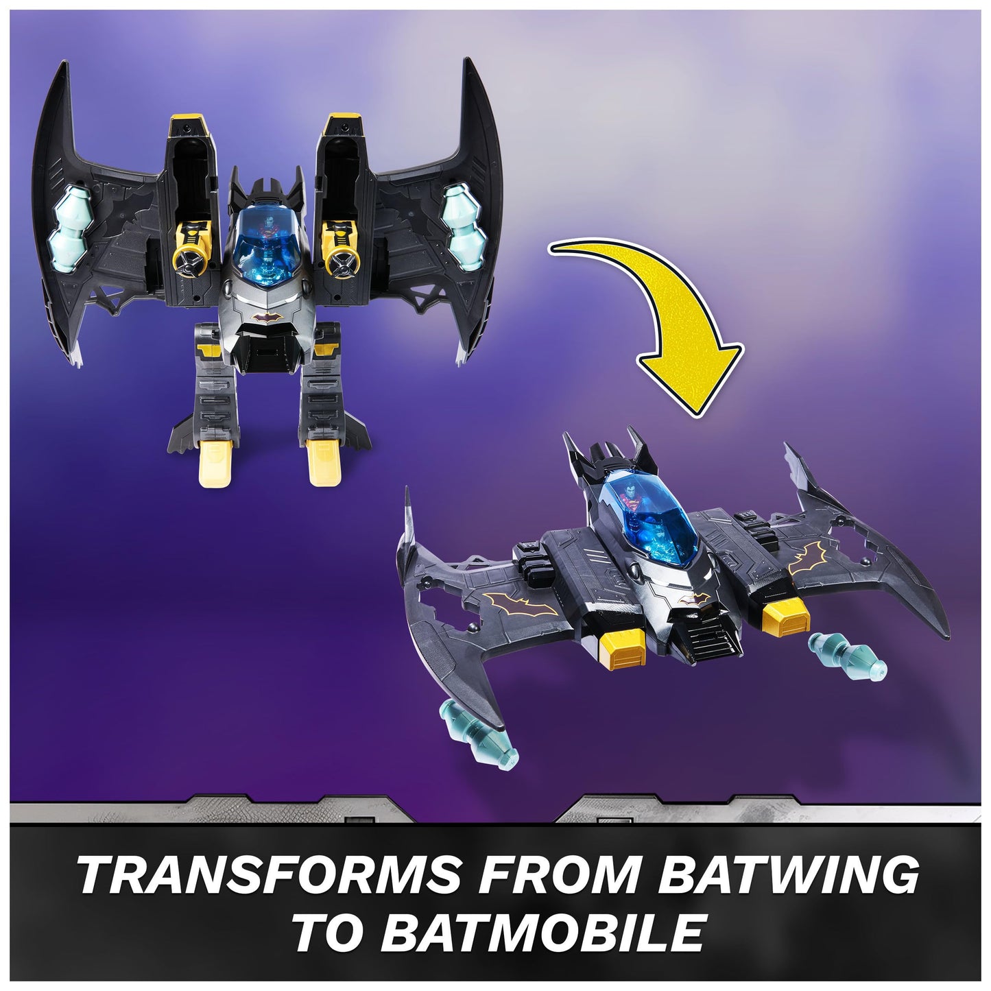 DC Comics Metal Force Batwing 2-in-1 Transforming Playset with Batman & Superman Figures, Projectiles & Character Cards for Kids 4+