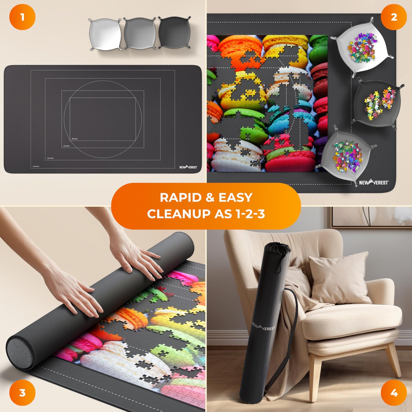 Newverest Jigsaw Puzzle Mat Roll-Up – 46"x26" Saver Pad for Up to 1500 Pieces, Non-Slip, Includes 3 Sorting Trays & Travel Storage Bag