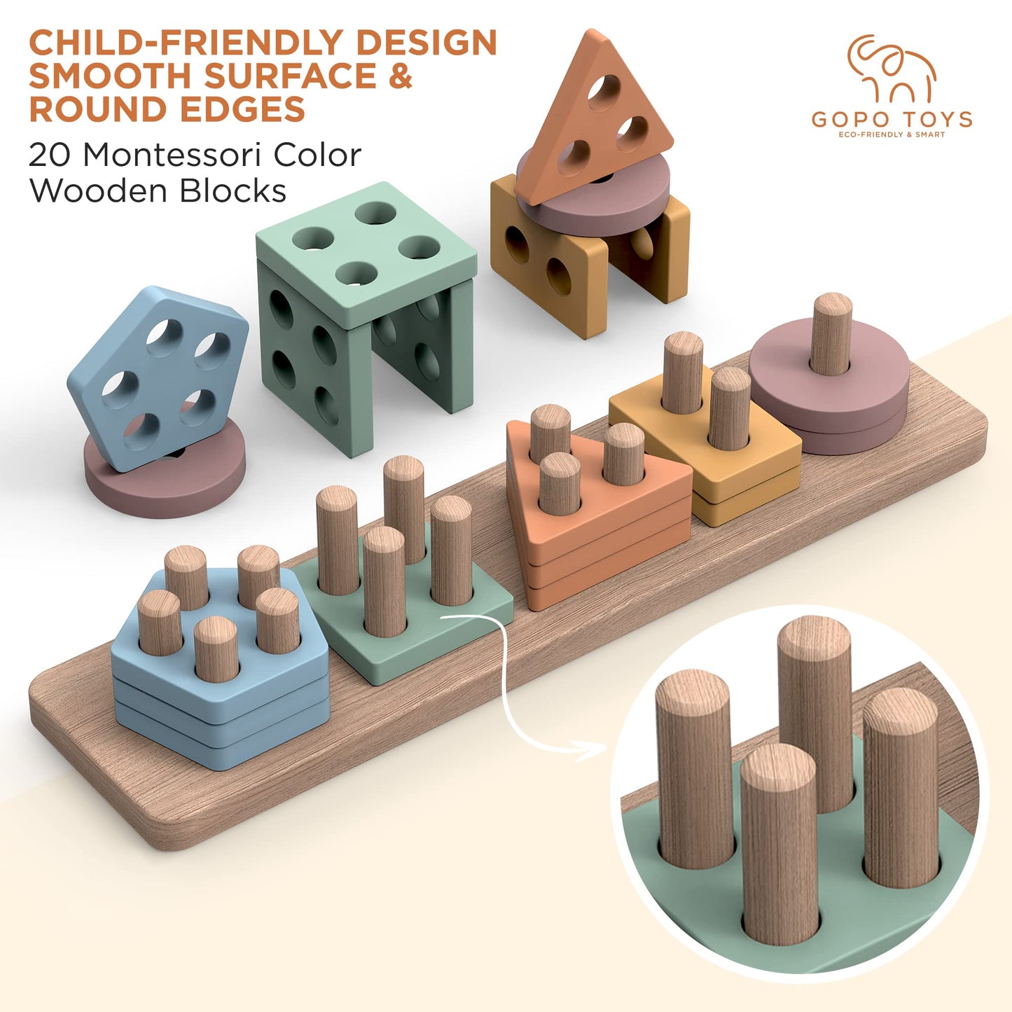 GOPO TOYS Montessori Wooden Shape Sorter & Stacking Puzzle – Educational Toy for 1+ Year Olds – Fine Motor Skill & Toddler Learning Toy