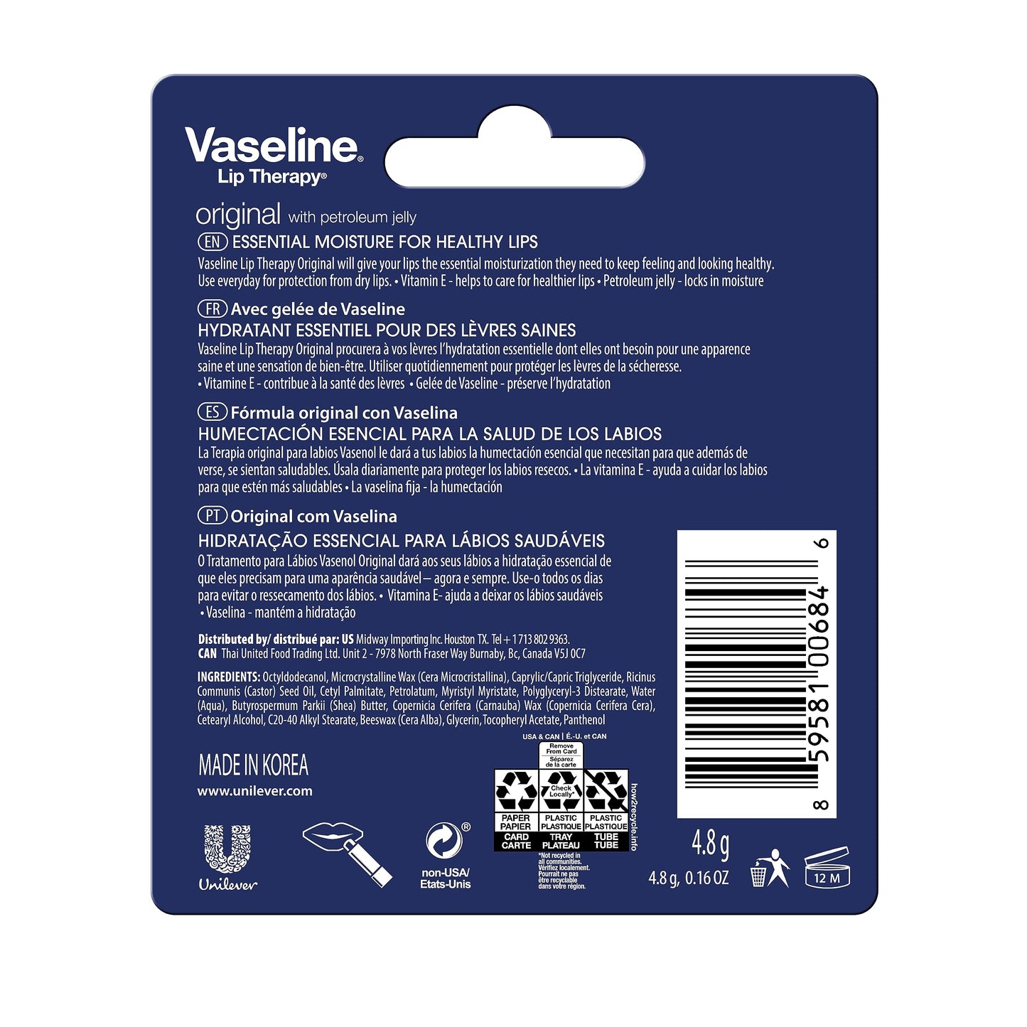 Vaseline Lip Therapy Care Original, Fast-Acting Nourishment, Ideal for Chapped, Dry, Cracked, or Damaged Lips, Lip Balm, 0.16 Ounce (Pack of 4)