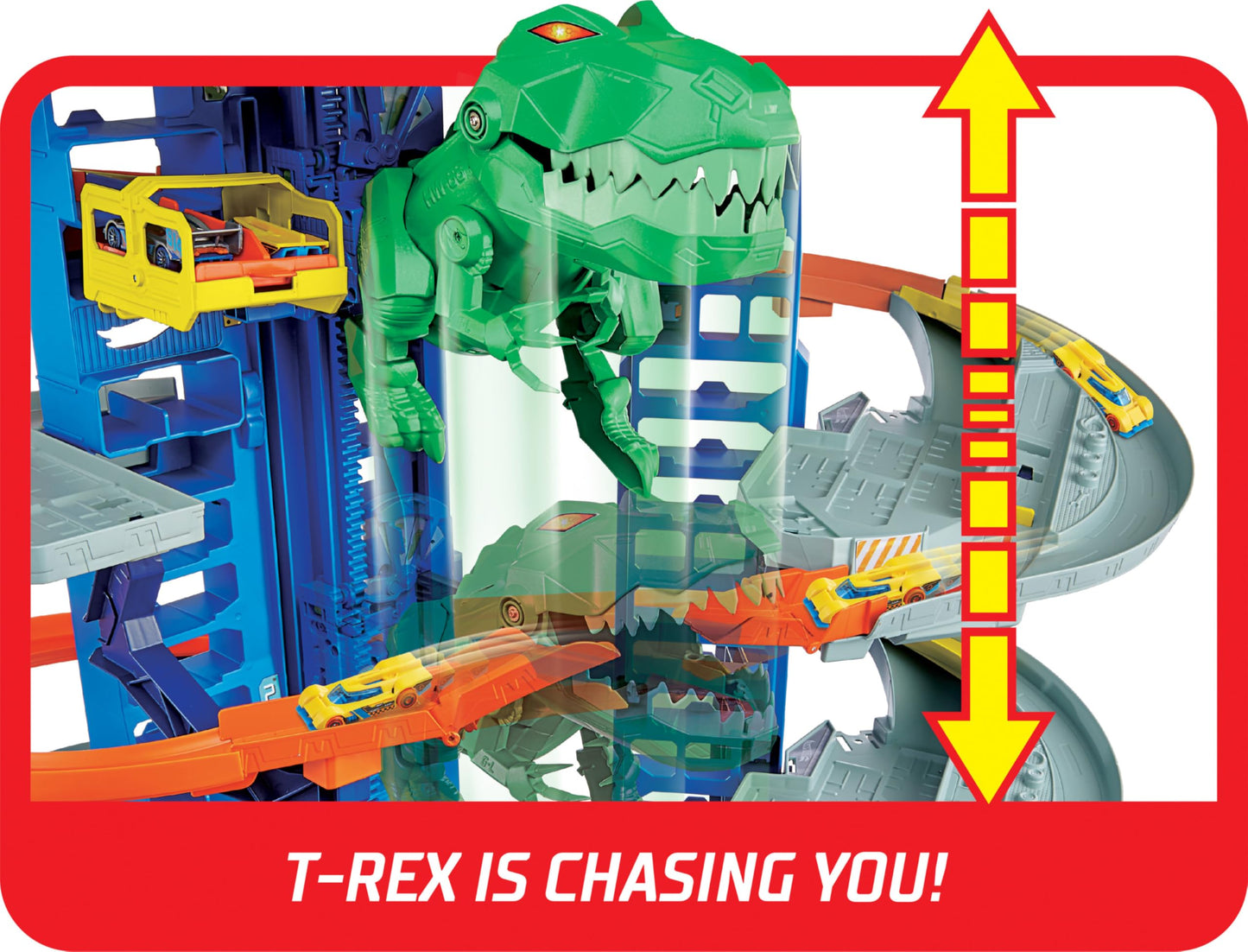 Hot Wheels Ultimate Garage City Playset with 2 Cars, Multi-Level Racetrack, Moving T-Rex & Storage for 100+ 1:64 Vehicles