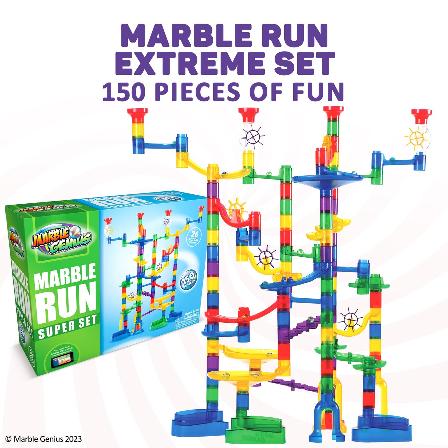 Marble Genius Marble Run Super Set – 150-Piece Maze Track Toy with 85 Translucent & 65 Glass Marbles for Kids & Adults 4-8+