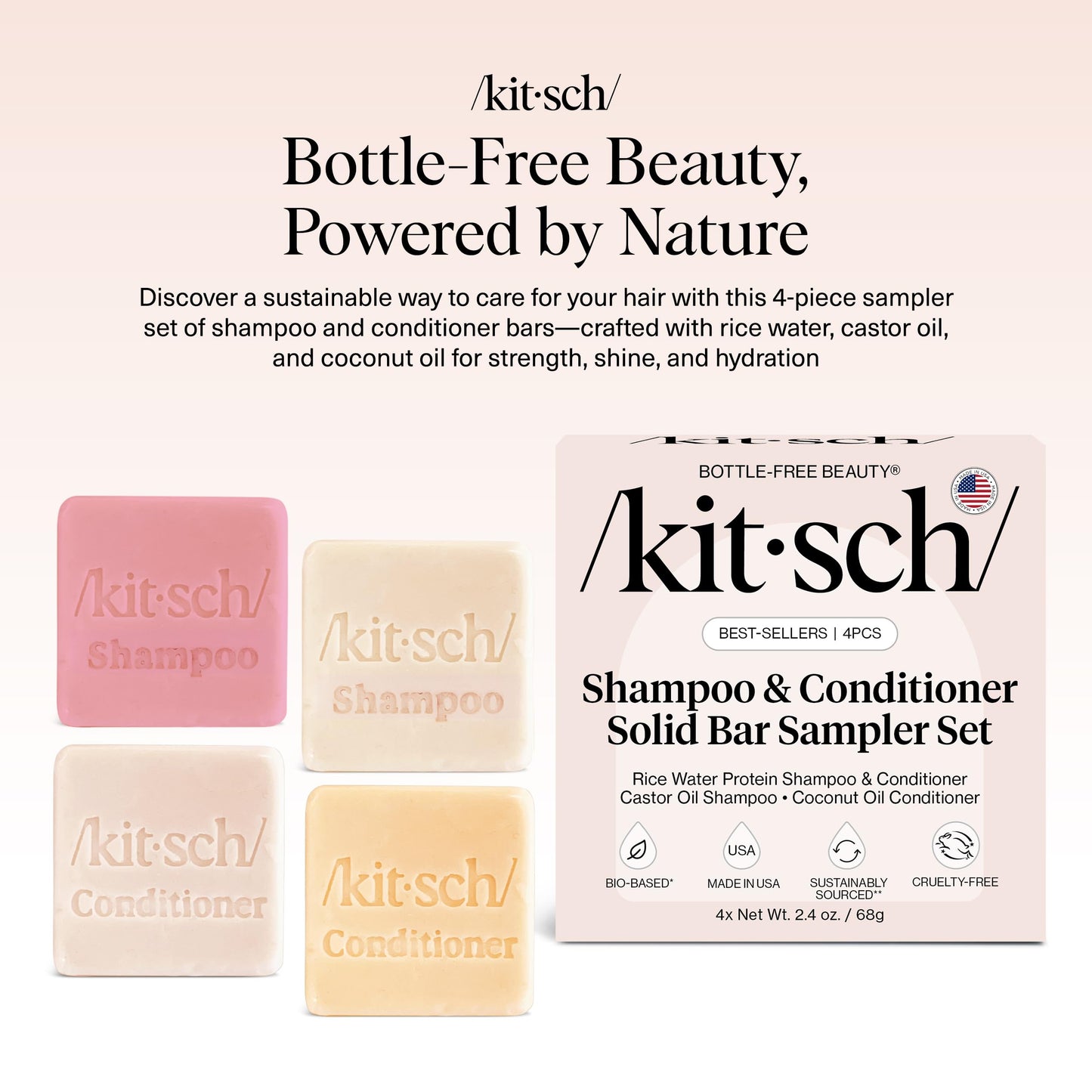 Kitsch Shampoo & Conditioner Bar Set – 4pc Sampler with Rice Water, Castor Oil & Coconut Oil – Bottle-Free Hair Care for Growth, Repair & Hydration