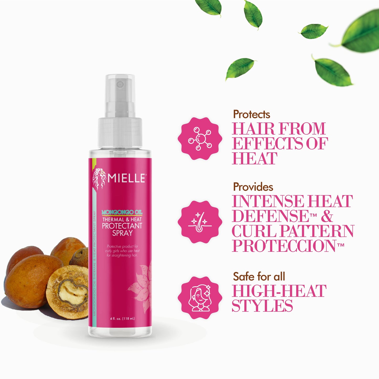 Mielle Mongongo Oil Thermal & Heat Protectant Spray – Intense Heat Defense for All Hair Types, Protects from Damage & Preserves Curl Pattern, 4 Fl Oz
