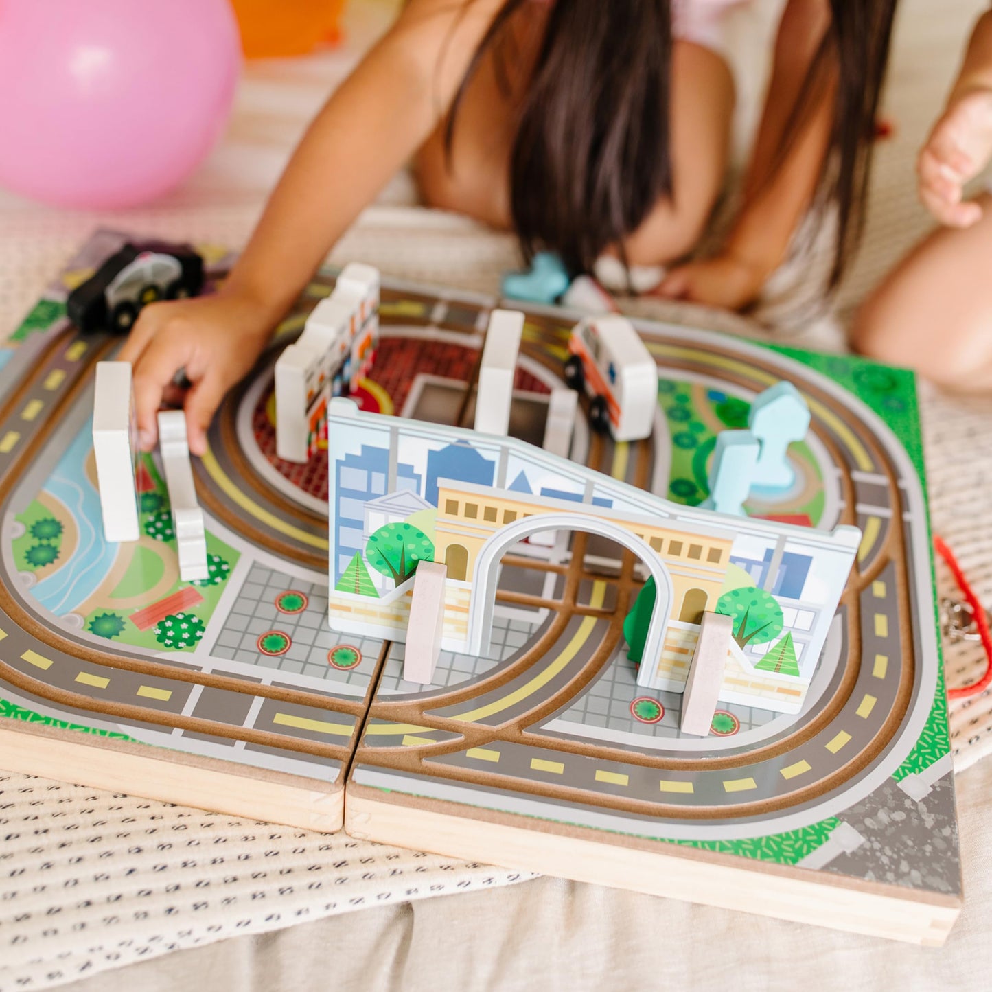 Melissa & Doug 18-Piece Wooden Take-Along Tabletop Town, 4 Rescue Vehicles, Play Pieces, Bridge