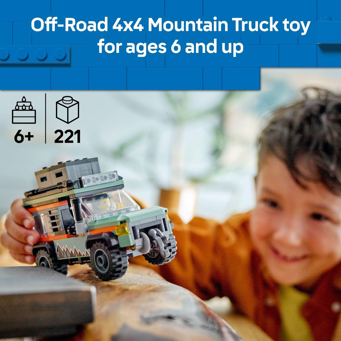 LEGO City Off-Road 4x4 Mountain Truck Set for Kids 6+ with Adventurer Minifigure & Accessories – Birthday & Holiday Gift