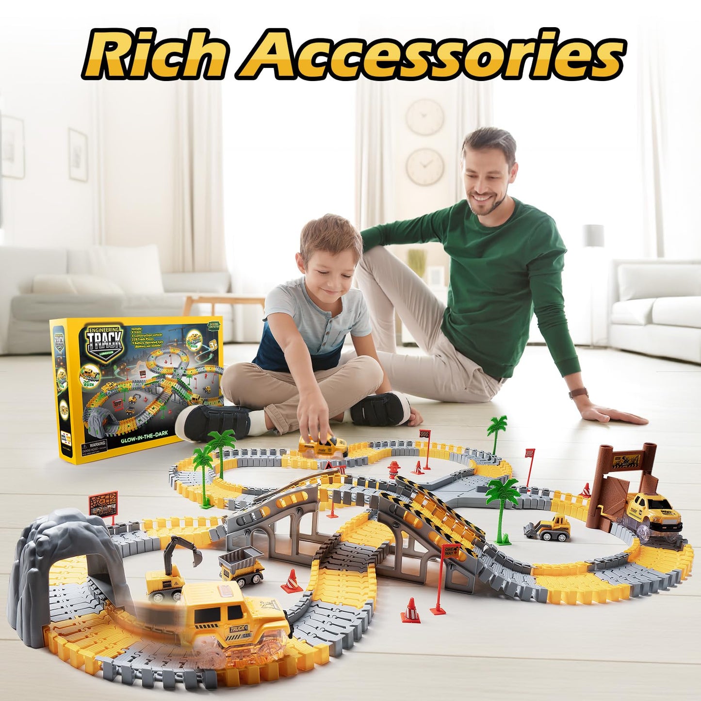 264PCS Glow-in-the-Dark Construction Race Track Set with 2 Light-Up Cars & 3 Construction Vehicles, Flexible DIY Toy for Kids Ages 3-9