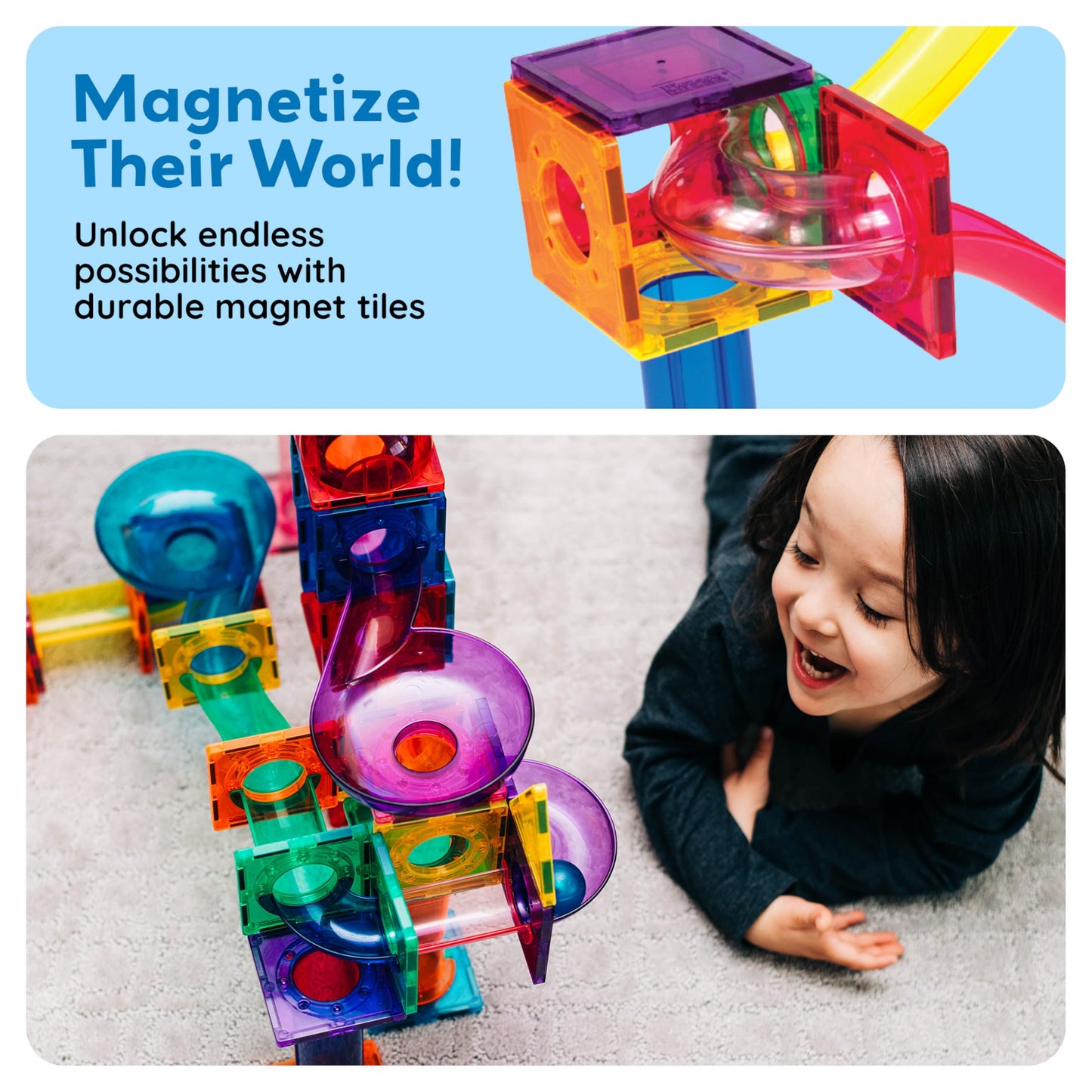 PicassoTiles 70pc Marble Run Magnetic Tiles STEM Set for Kids 3+ | Educational Brain-Boosting Building Blocks & Maze Playset PTG70