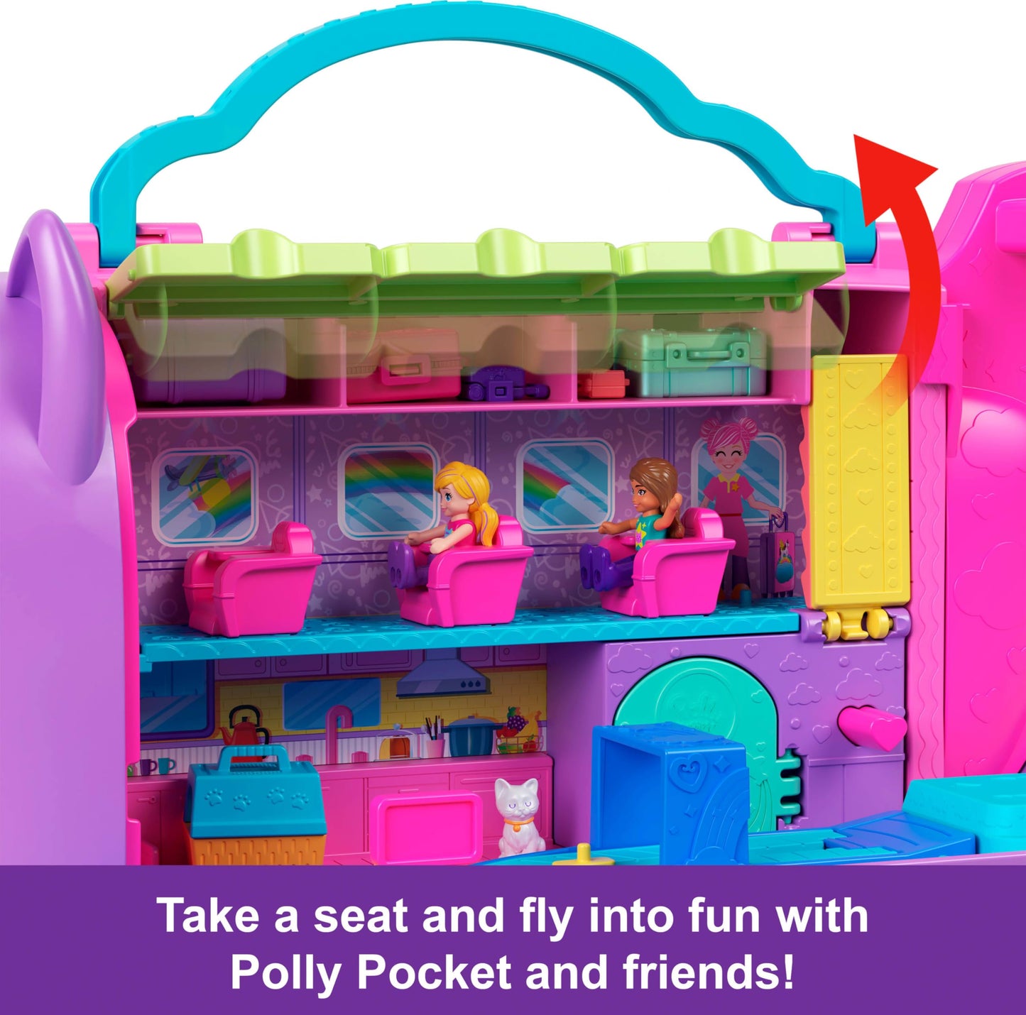 Polly Pocket Dolls and Playset, Kitty Airways Airplane, Travel Toy with 2 Micro Dolls and Pet, Spinning Stage and Accessories (Amazon Exclusive)