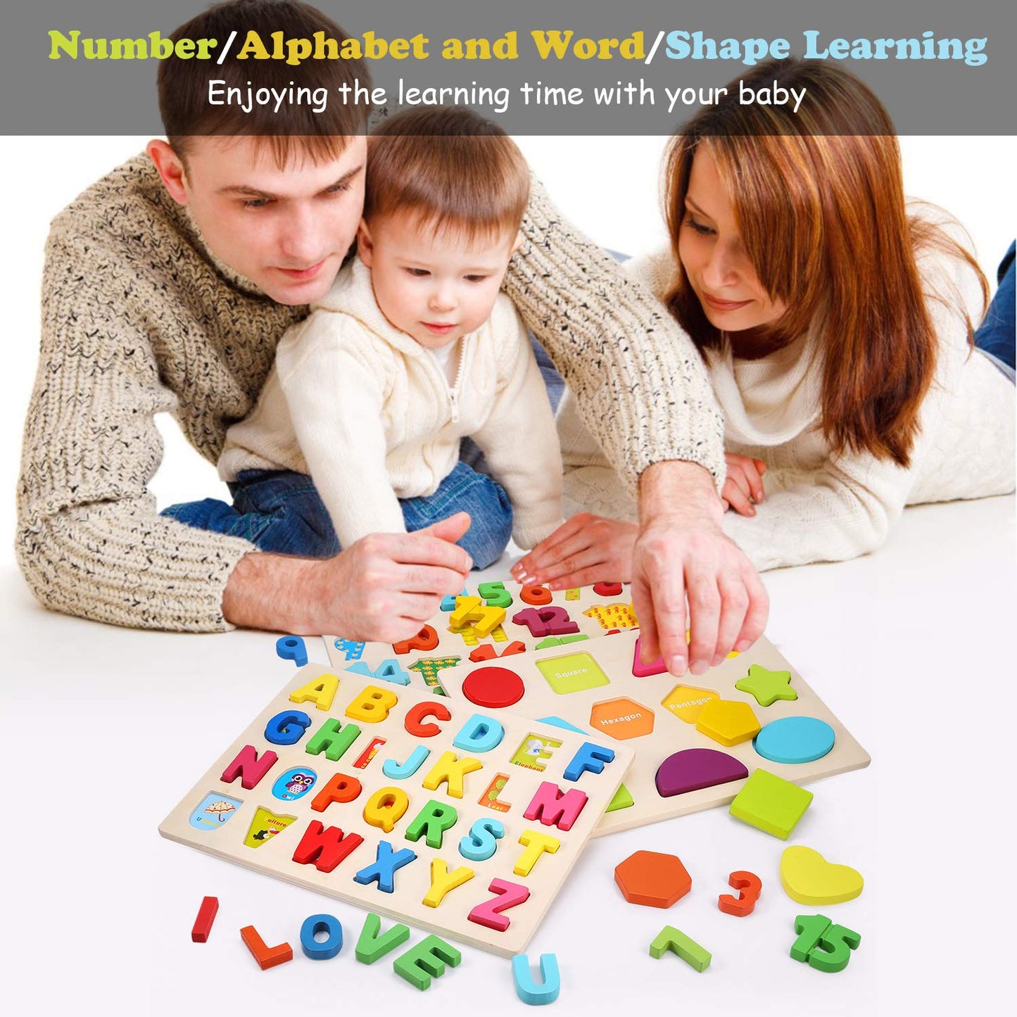 Voamuw Wooden Puzzles for Toddlers – Alphabet, Number & Shape Learning Jigsaw, Montessori Educational Toy for Kids Ages 3-5, Boys & Girls