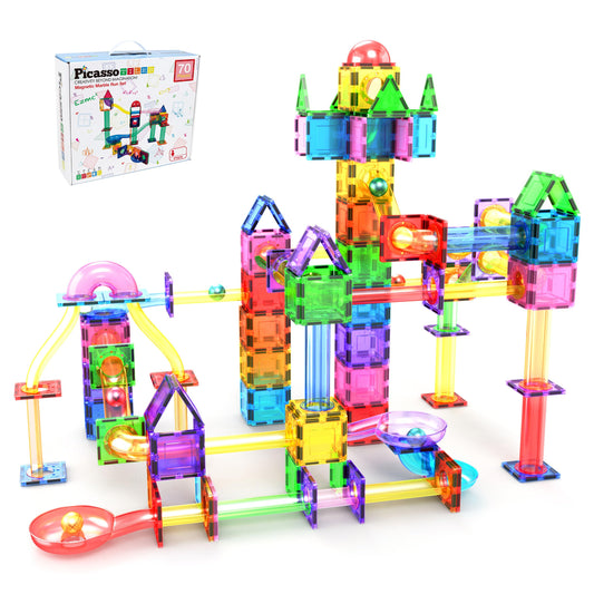 PicassoTiles 70pc Marble Run Magnetic Tiles STEM Set for Kids 3+ | Educational Brain-Boosting Building Blocks & Maze Playset PTG70