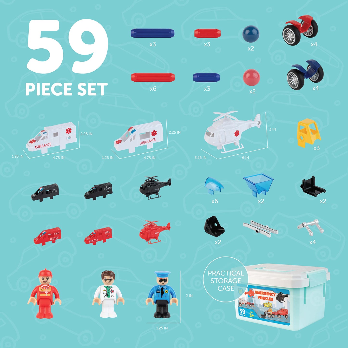 PLAY BRAINY 59-Piece Magnetic Emergency Vehicle Toy Set – Fire Truck, Ambulance, Helicopter & More for Kids 3+ Years