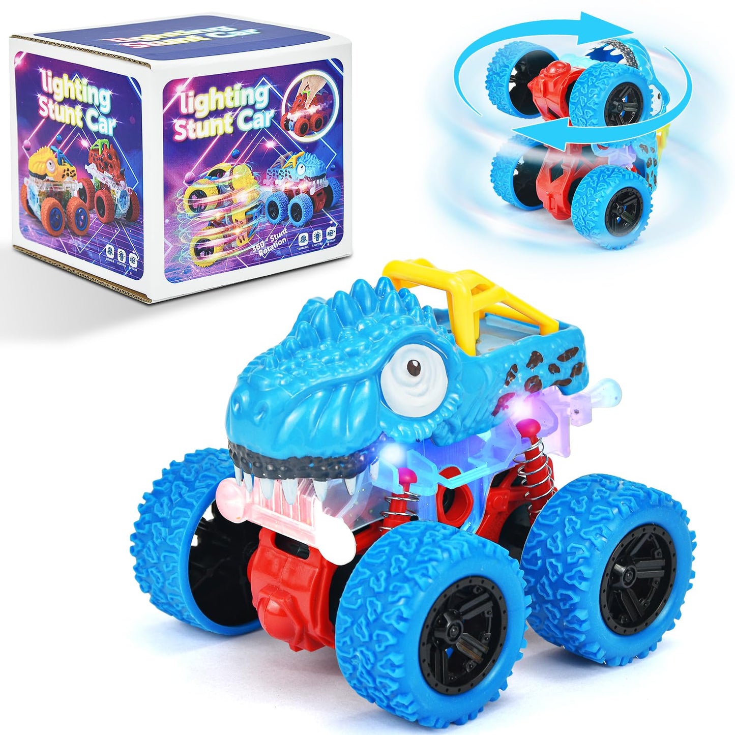 TQBYNJ Light-Up Dinosaur Monster Truck – Push & Go Friction Car Toy for Toddlers Boys & Girls Ages 2-6 – Birthday Easter Gift (Blue)