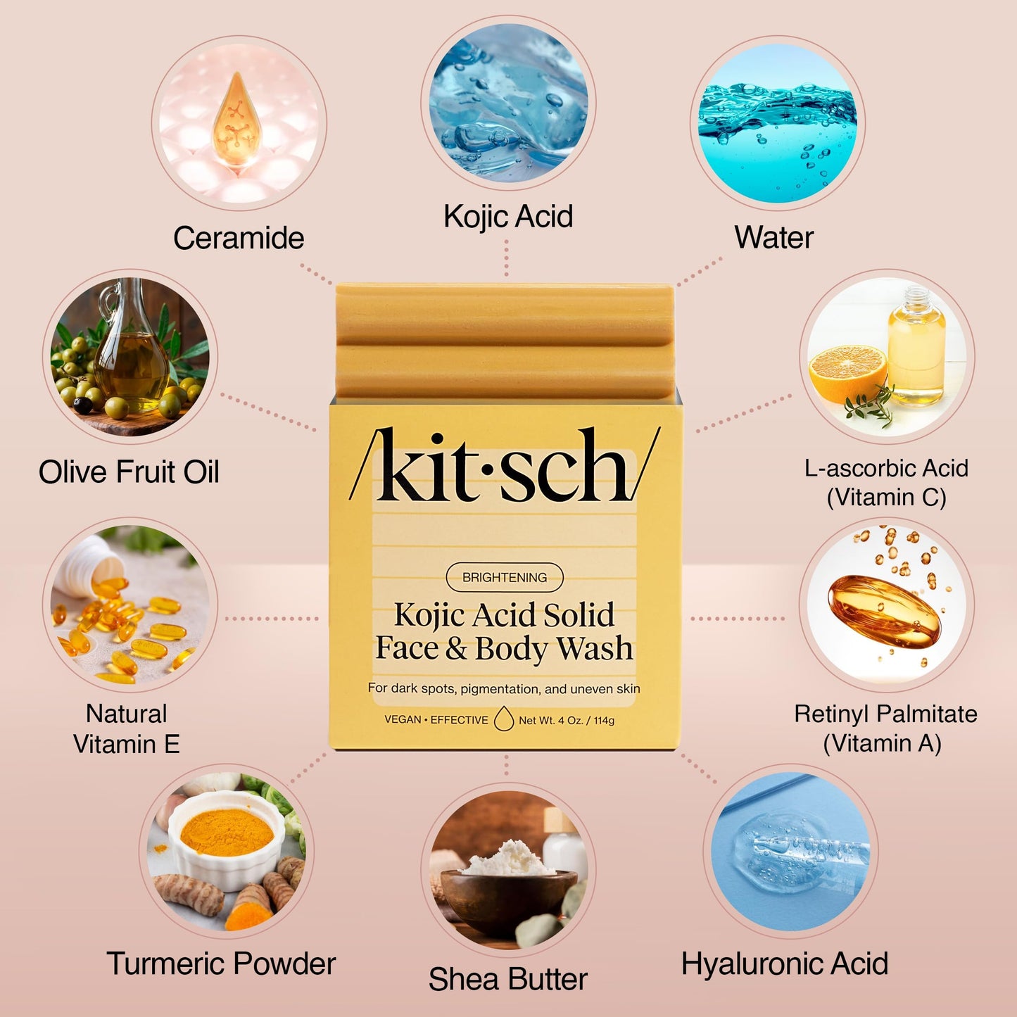 Kitsch Kojic Acid & Turmeric Soap Bar – Brightening Face & Body Wash with Hyaluronic Acid & Shea Butter for Dark Spots & Even Skin Tone, 4 oz