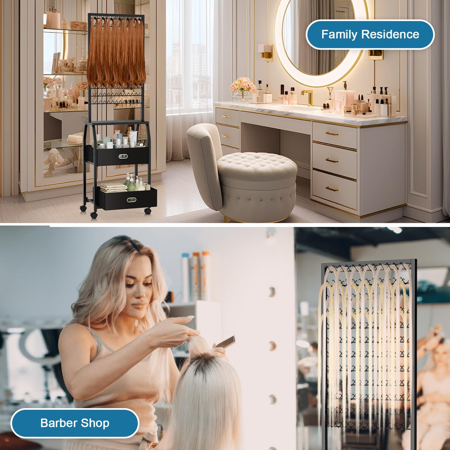 Portable Hair Braiding Rack with Wheels & Storage Drawers | 2-Sided 288 Pegs Hair Extension Holder & Organizer Stand with Tools (Black)