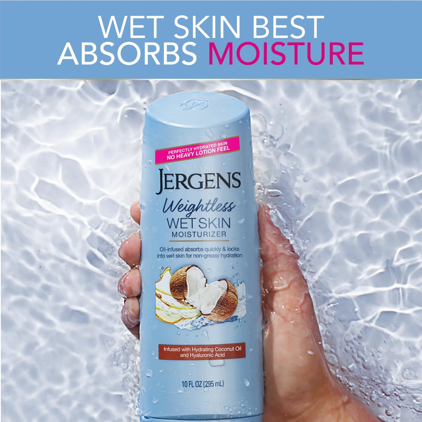 Jergens Wet Skin Body Moisturizer with Coconut Oil, In Shower Lotion for Dry Skin, Fast-Absorbing, Non-Sticky, Dermatologist Tested, 10 Oz