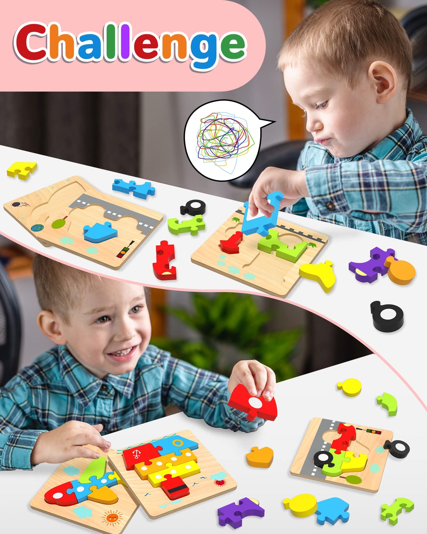 Yetonamr Wooden Toddler Puzzles – 6 Vehicle Shape Montessori Educational Toys for Boys & Girls Ages 1-4, Learning & Gift Toy for Kids